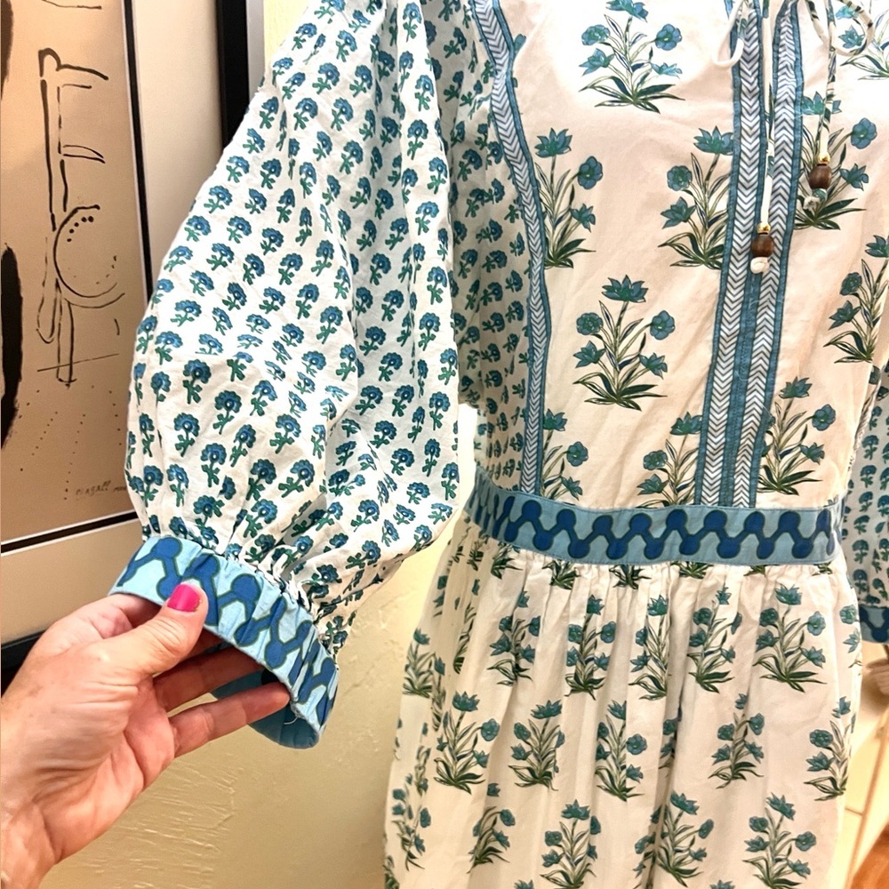 Philosophy Rep.,Blue Floral,Boho, Cotton Peasant Dress, Beaded Tassel, Size XL - Picture 7 of 13